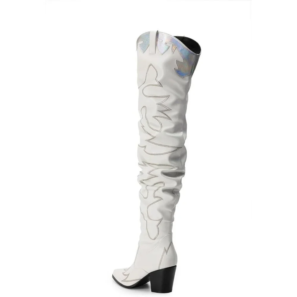 Women White Faux Suede Cowboy Boots Over The Knee Thigh High Western Boots